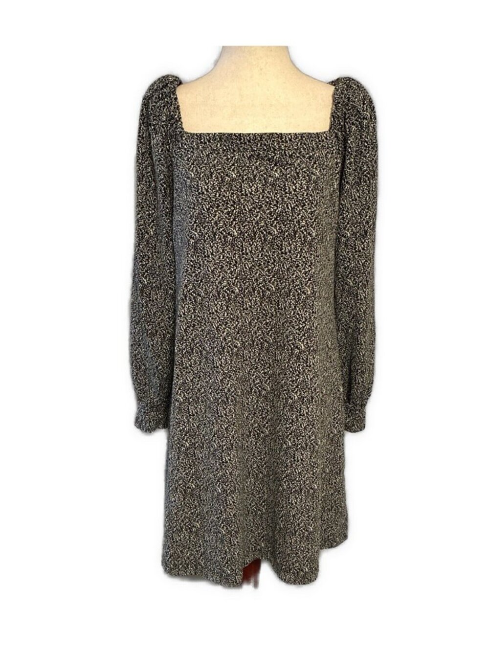 Ann Taylor LOFT Black White Speckled Knit Mini Dress Medium 3/4 Puff Sleeve